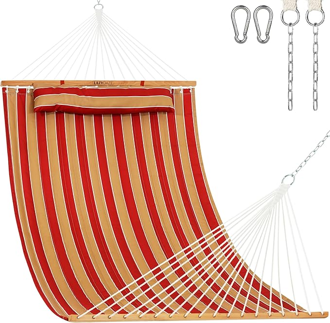 Lazy Daze Hammocks Hammock Quilted Fabric with Pillow for Two Person Double Size Spreader Bar Heavy Duty Stylish Red &amp Tan Stripe