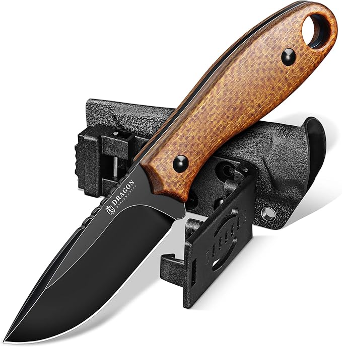 Dragon Creek Fixed Blade Knife - D2 Steel Small Pocket Knife with Adjustable Kydex Sheath for Survival Camping Hiking Birthday Gift Men Brown