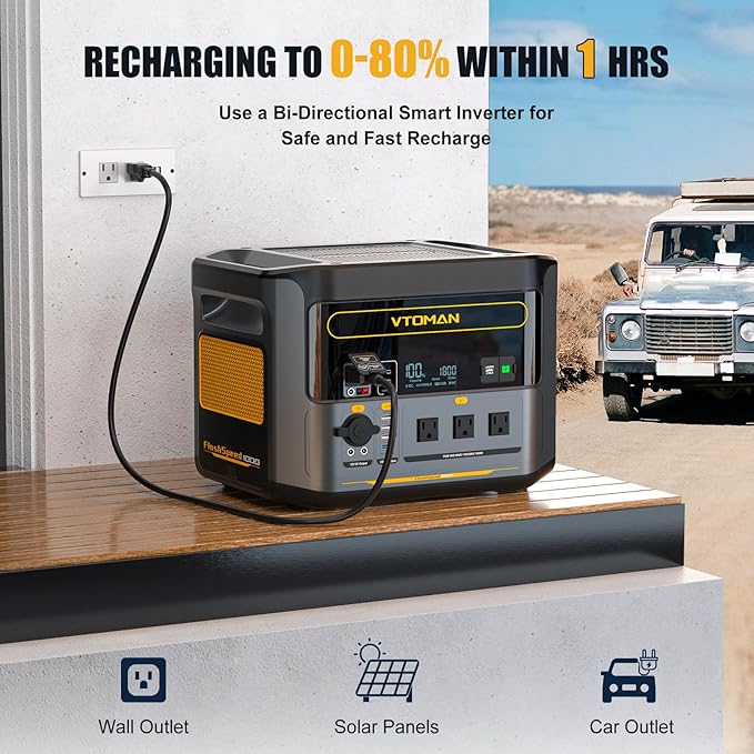 VTOMAN FlashSpeed 1000 Portable Power Station with Jumper Cables 828Wh LiFePO4 Solar Generator &amp Car Jump Starter 1H Fast Charging 2000W Peak for Home Backup Camping Roadside Emergencies