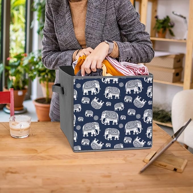 Foldable Cube Storage Organizer with Handles Navy Elephant Durable Collapsible Fabric Bin for Travel &amp Camping Portable Organizer for Gear &amp Supplies