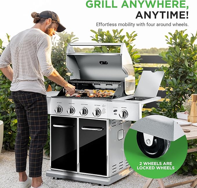 NutriChef Heavy-Duty 5-Burner Propane Gas Grill - Stainless Steel 52000 BTU 4 Main Burners + Side Electronic Ignition Built-in Thermometer - NCGRIL2.5