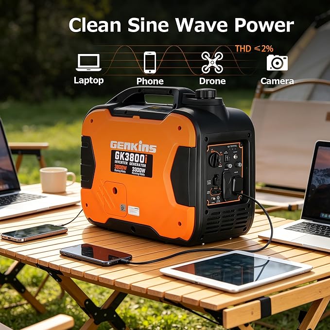 GENKINS Portable Inverter Generator 3800 Watt Gas Generato Super Quiet with Parallel Capability for RV Ready Camping Outdoor EPA Compliant