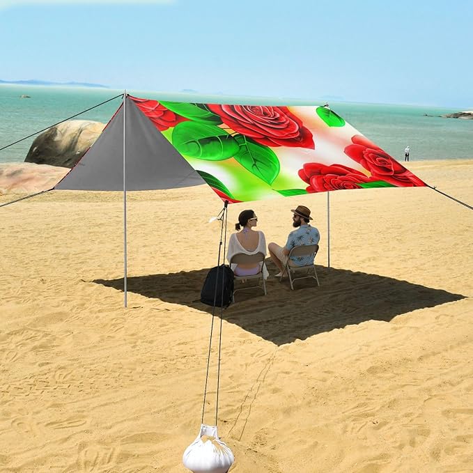 Beach Canopy with Windproof Ropes &amp Sandbags Beach Tent Sun Shade Sun Shelter for Camping Trips Fishing Backyard Fun or Picnics Red Roses