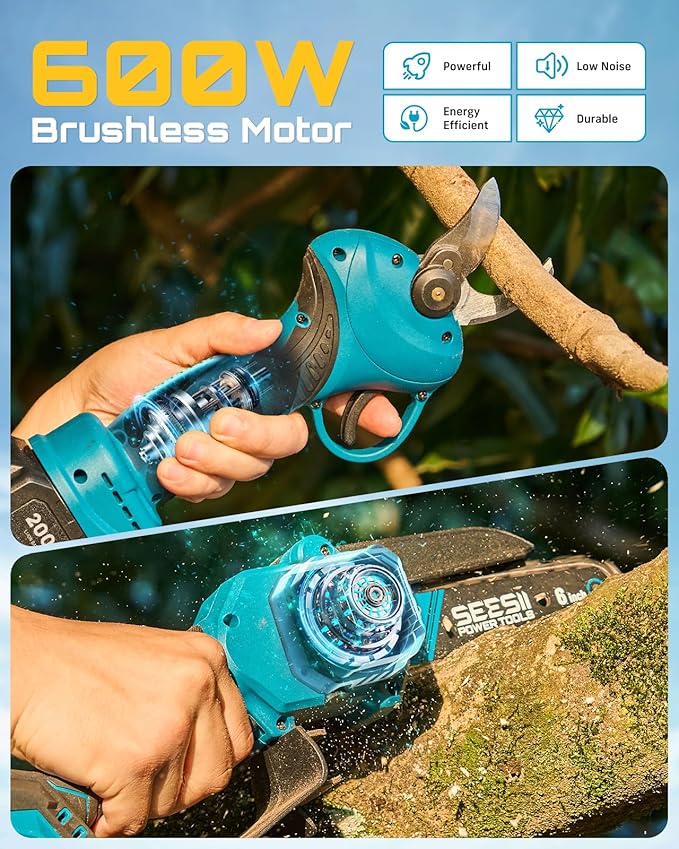 SEESII Mini Chainsaw &amp Electric Pruning Shears Combo 6-inch Brushless Handheld Power Chain Saw 1.2” Cutting Cordless Pruner for Tree Trimming Tools Kit with 2x2000mAh Batteries Fast Charger
