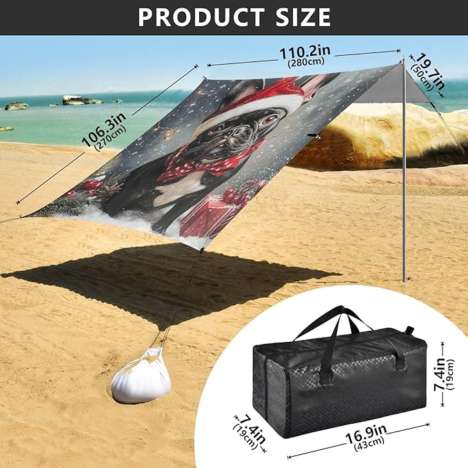 ALAZA Black French Bulldog Snowflake Christmas Scene Beach Tent Sun Shelter Portable Canopy Sunshade for Outdoor Camping Picnics Backyard Fun 10x9 ft