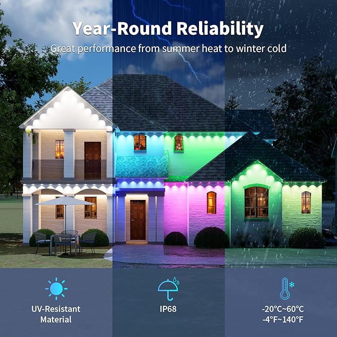 Permanent Outdoor Lights RGB Smart IC 200FT/100LEDs Decor IP68 Waterproof Music Sync with Remote&ampAPP Control Suitable for Holiday Decoration Christmas Lights Garden Party Decor Deck
