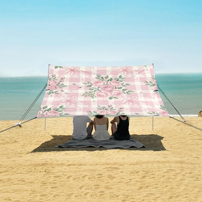 xigua Rose Beach Tent Sun Shelter with Carrying Bag - Silver Coated Oxford Fabric Beach Canopy for Beach Camping Fishing - Includes Windproof Ropes Sandbags &amp Stakes