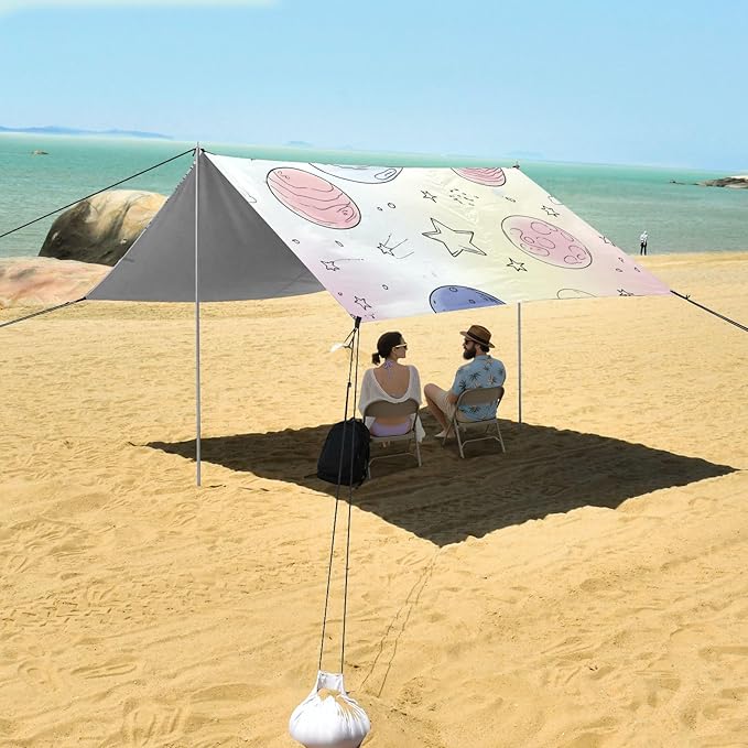 Beach Canopy with Windproof Ropes &amp Sandbags Beach Tent Sun Shade Sun Shelter for Camping Trips Fishing Backyard Fun or Picnics Planet
