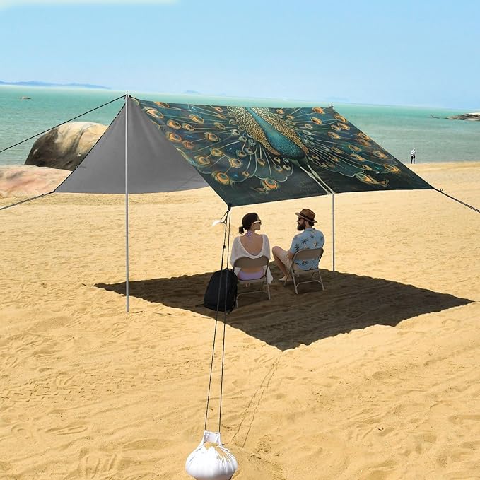 ALAZA Peacock Tail Beach Tent Sun Shelter Portable Canopy Sunshade for Outdoor Camping Picnics Backyard Fun 10x9 ft