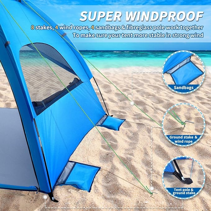 BESTonZON Foldable Beach Tent – Instant Pop-Up Sun Shelter with UPF 50+ UV Protection Lightweight Portable for Beach Camping Backyard Includes Carry Bag Stakes Windproof Anchors