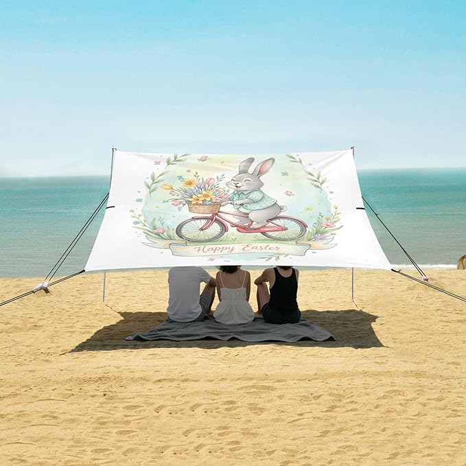 xigua Easter Bunny Beach Tent Sun Shelter with Carrying Bag - Silver Coated Oxford Fabric Beach Canopy for Beach Camping Fishing - Includes Windproof Ropes Sandbags &amp Stakes