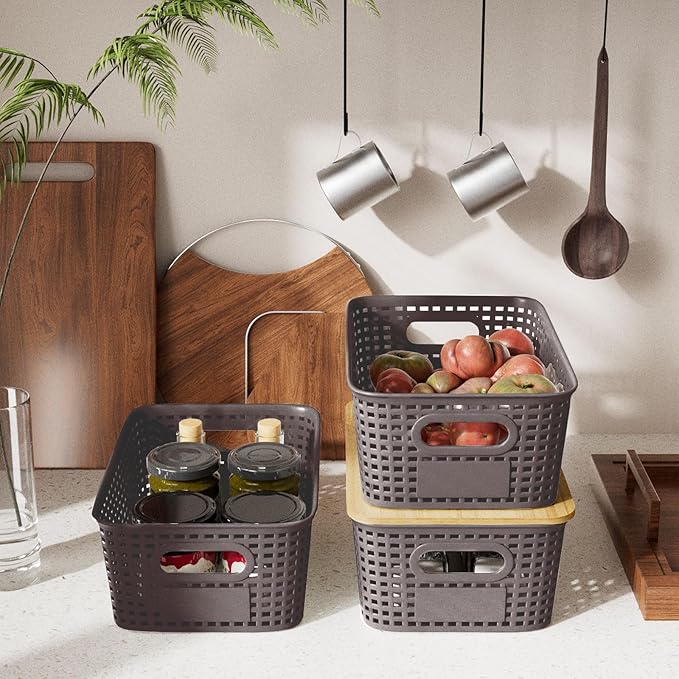 6Pcs Storage Bins with Lids Stackable Plastic Storage Basket with Bamboo Lid Pantry Organizer Box Small Containers for Organizing Shelves Drawer Desktop Closet Cabinet Office Classroom 10x7.1x4.1in