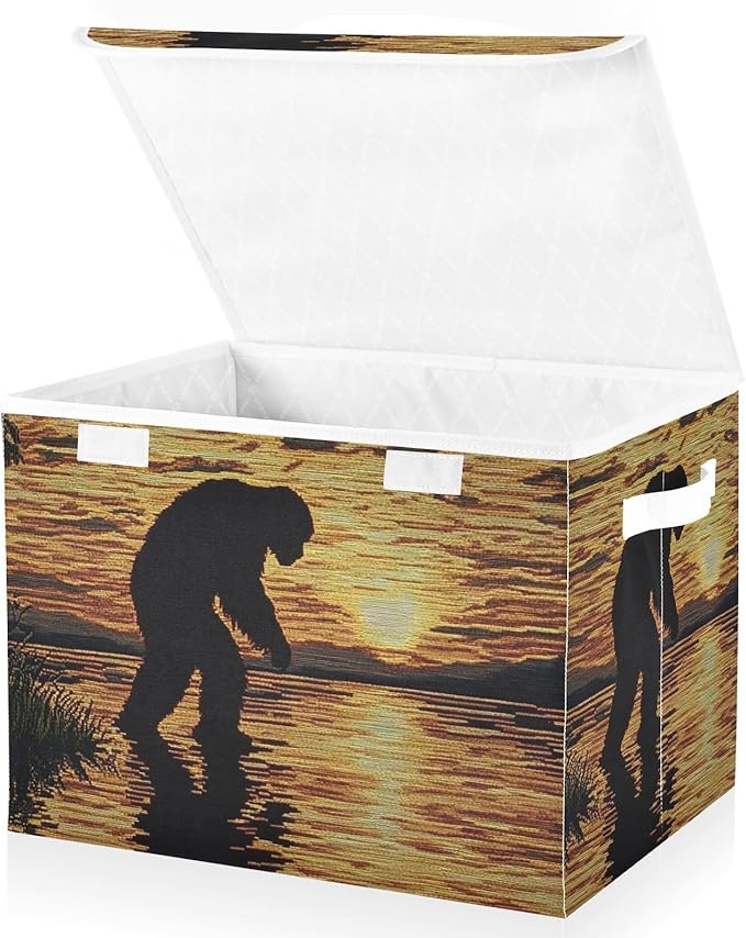 Storage Cube with Lid Sunset Sasquatch Print 16.5×12.6×11.8 IN Collapsible Large Capacity Foldable Storage Basket Bin Organizer