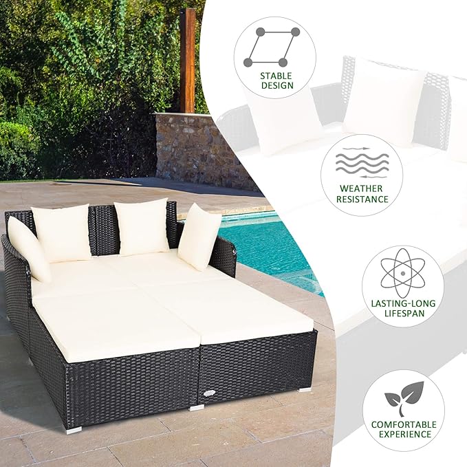 Tangkula Outdoor Rattan Daybed Wicker Furniture with Spacious Seat Upholstered Cushion &amp High-Resilience Sponge Patio Sofa Set with 4 Pillows 2-Person Sunbed for Poolside Backyard Garden &amp
