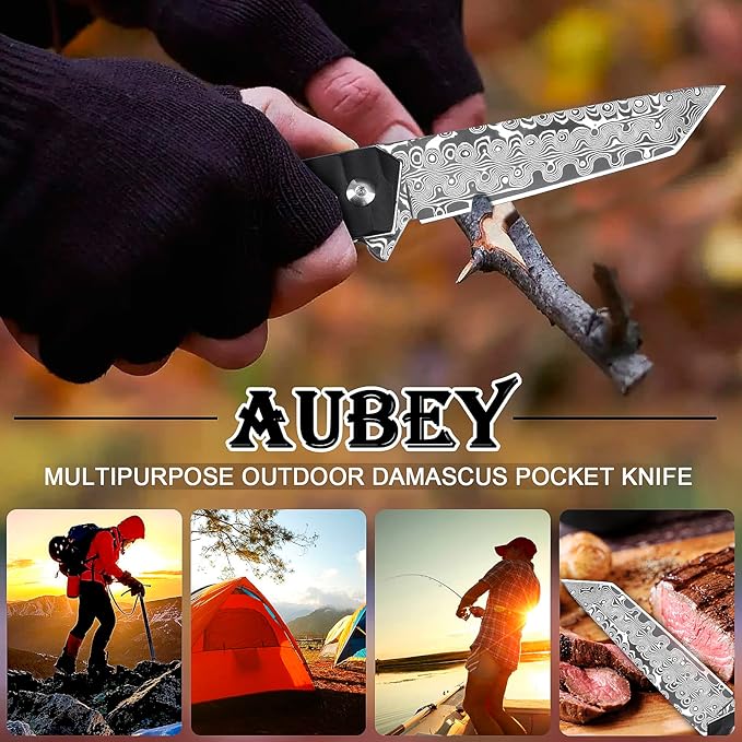 AUBEY Damascus Pocket Knife with Clip Tanto Blade Damascus Steel Folding Knives for Men Tactical Aluminum Handle with Glass Breaker for EDC Camping Gift