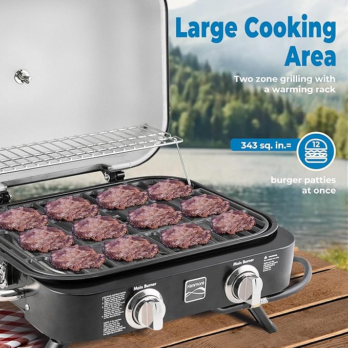 Kenmore Portable Propane Gas Grill - Tabletop BBQ Grill with Warming Rack 2 Stainless Steel Burners with 14000 BTUs for Outdoor Kitchen Camping Black