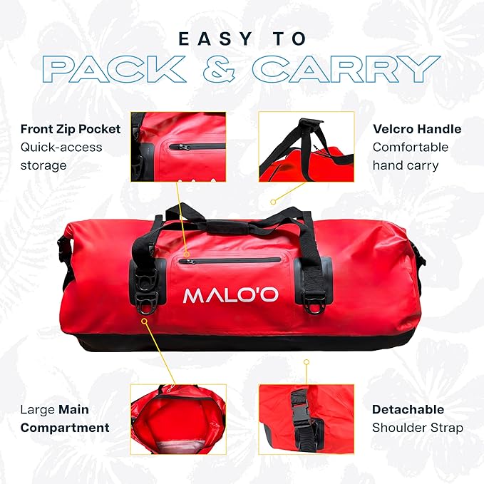 Malo’o Waterproof Dry Duffel Heavy-Duty Roll Top Waterproof Gear Bag with Shoulder Strap &amp Molle Loops Marine Duffel for Kayaking Boating Camping Beach &amp Travel Red 100L