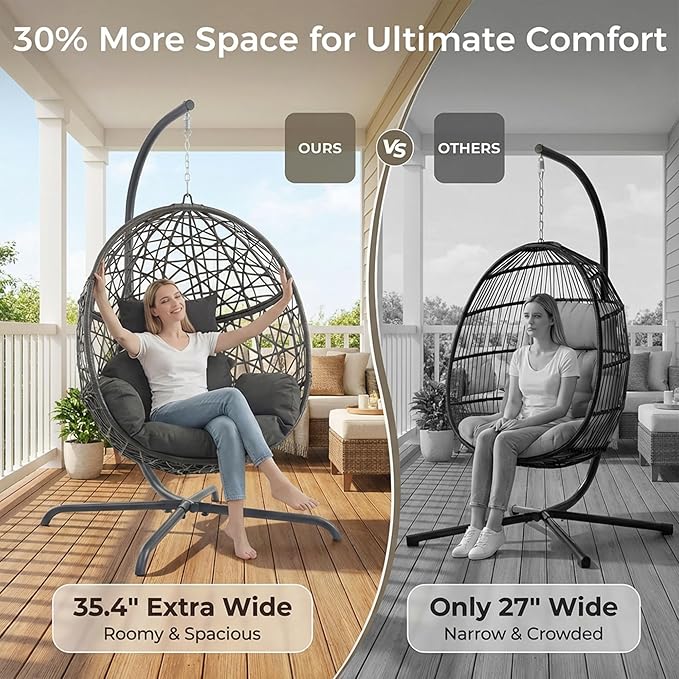 RADIATA Hanging Egg Chair with Stand Outdoor Swing Egg Chair with Thick Cushion Rattan Bird Cage Eggshell Basket Seat Patio Swinging Hammock Chair for Outside Backyard Dark Grey