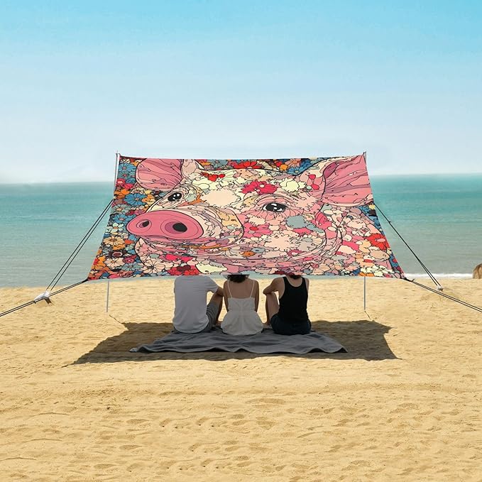 Aesthetic Miniature Pig Foldable Beach Tent UPF50 Lightweight Sun Shelter with Carrying Bag for Camping Picnics Backyard &amp Fishing