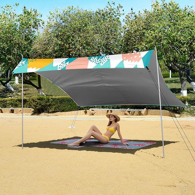 Beach Canopy with Windproof Ropes &amp Sandbags Beach Tent Sun Shade Sun Shelter for Camping Trips Fishing Backyard Fun or Picnics Mountain