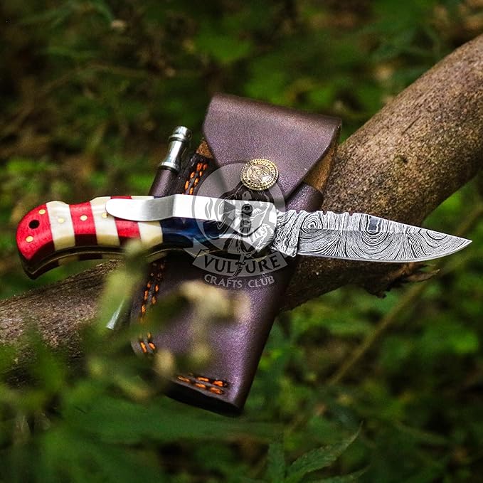 Damascus Steel Pocket Knife with Clip and Leather Sheath - EDC Knife for Outdoor and Camping Activities Handmade Folding Knife Free knife Sharpner (American Flag handle) (American Flag Handle)