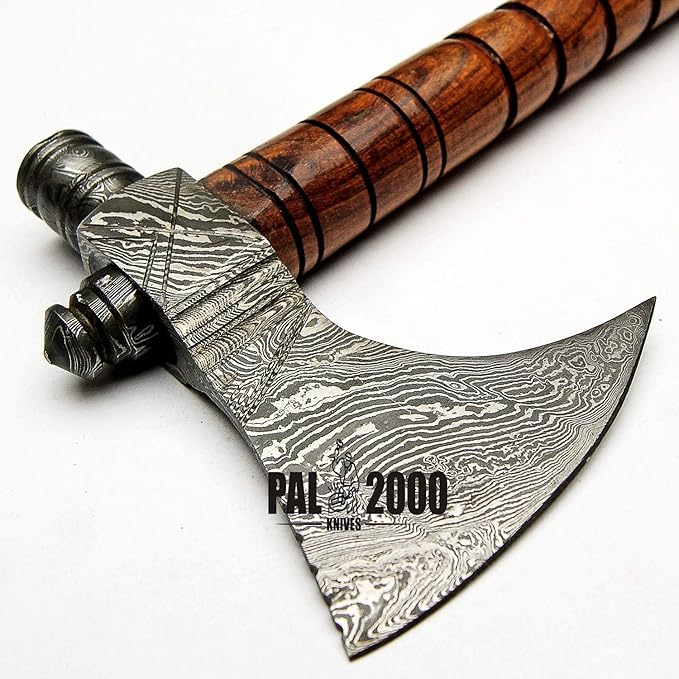 PAL 2000 KNIVES Custom Handmade Damascus Steel Axe - Hatchet Tomahawk Axe Knife Solid Rose Wood Handle - Inch - Ax