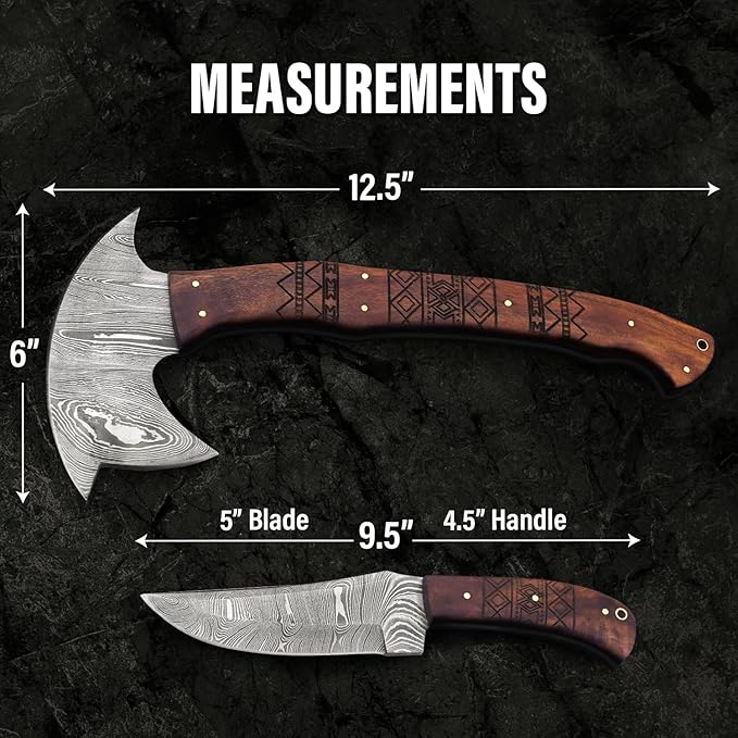EdgeLandKnives® Hand Forged Tomahawk Throwing Axe and Bushcraft Knife Set Damascus Steel Tomahawk Throwing Axe and Bushcraft Knife Set with Leather Sheath Perfect Combo for Outdoorsmen (EL32)
