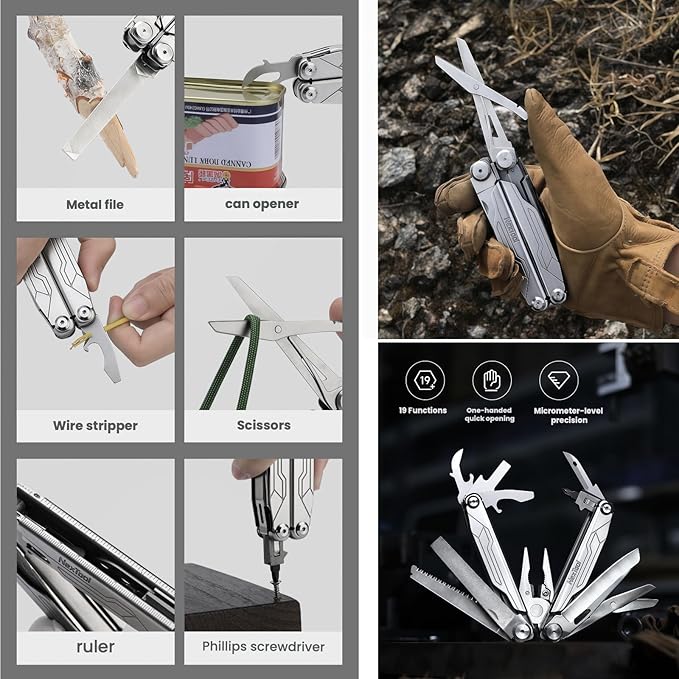 Multitool 19-in-1 Full-Size Lightweight EDC Nylon Bag Multi-Purpose Pliers Stainless Steel Camping Knives &amp Tools Gift Ideas for Men Gifts for Hunters Men who have Everything (Silver)