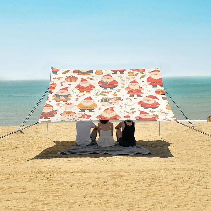 Christmas Texture Gnomes Red Candies Stable Beach Tent UPF50+ Protection Easy Setup Large Portable Sun Shelter with Sand Shovel for Backyard and Camping