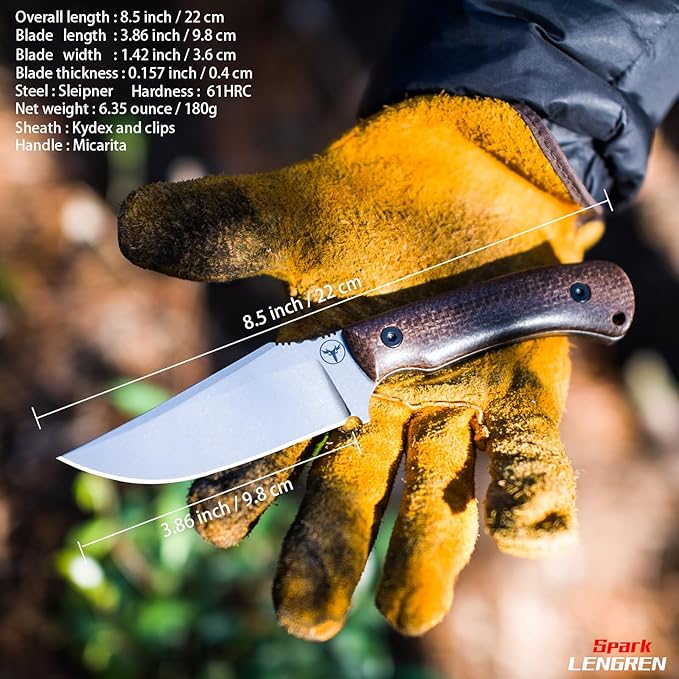 Spark Fixed Blade Knife with Sheath Micarita Handle Full Tang Outdoor Hunting Camping Survival Knife (Brown Micarita Handle)