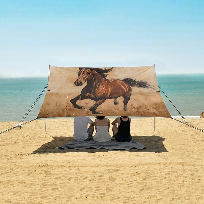 ALAZA Running Horse Beach Tent Sun Shelter UPF50+ Protection Beach Shade Canopy w/ 4 Sandbags for Outdoor Camping Fishing Backyard Fun Picnic 10x9 ft