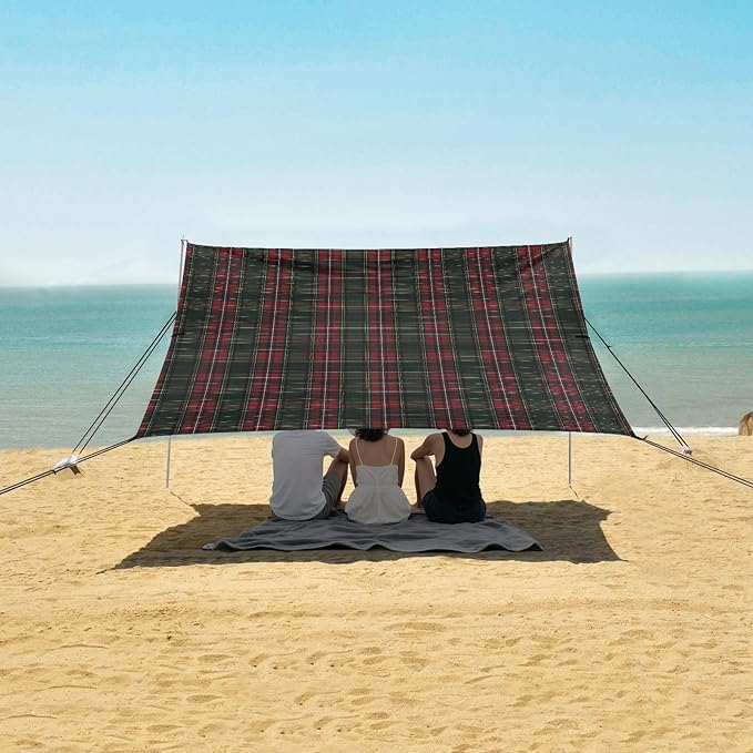 ALAZA Green and Red Tartan Plaid Beach Tent Sun Shelter UPF50+ Protection Beach Shade Canopy w/ 4 Sandbags for Outdoor Camping Fishing Backyard Fun Picnic 10x9 ft