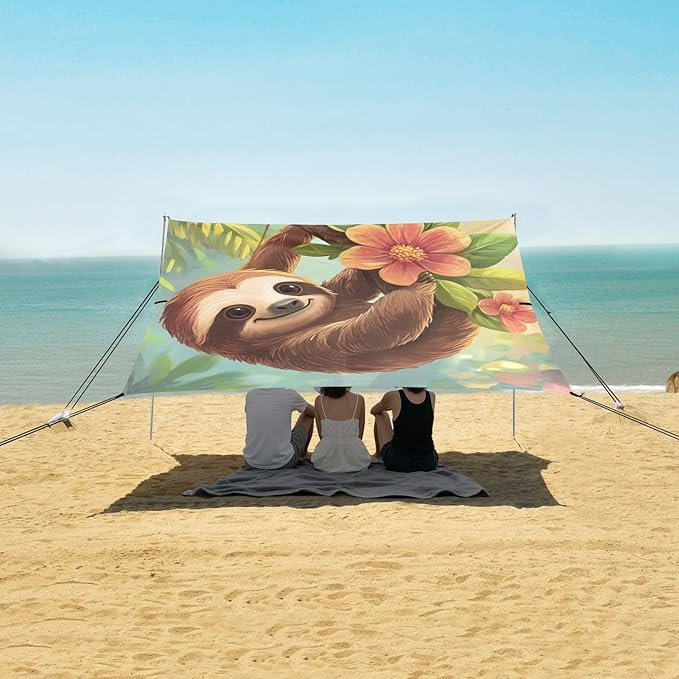 ALAZA Cartoon Sloth Hang on The Tree Floral Beach Tent Sun Shelter Portable Canopy Sunshade for Outdoor Camping Picnics Backyard Fun 10x9 ft