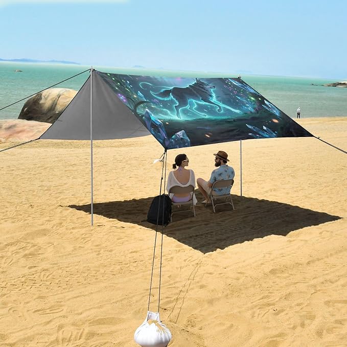 ALAZA Aurora Polar Lights Wolf Beach Tent Sun Shelter UPF50+ Protection Beach Shade Canopy w/ 4 Sandbags for Outdoor Camping Fishing Backyard Fun Picnic 10x9 ft