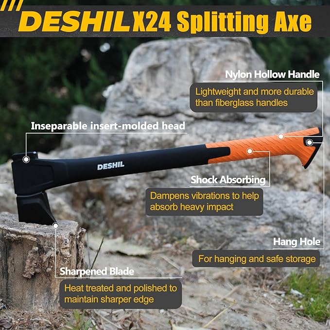 X17 Wood Splitting Axe 24” Camping Outdoor Hatchet for Wood Splitting and Kindling Forged Carbon Steel Heat Treated Hand Maul Tool Nylon Hollow Handle Shock Reduction Handle