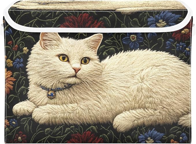 Storage Cube with Lid Floral Cat White Print 16.5×12.6×11.8 IN Collapsible Large Capacity Foldable Storage Basket Bin Organizer