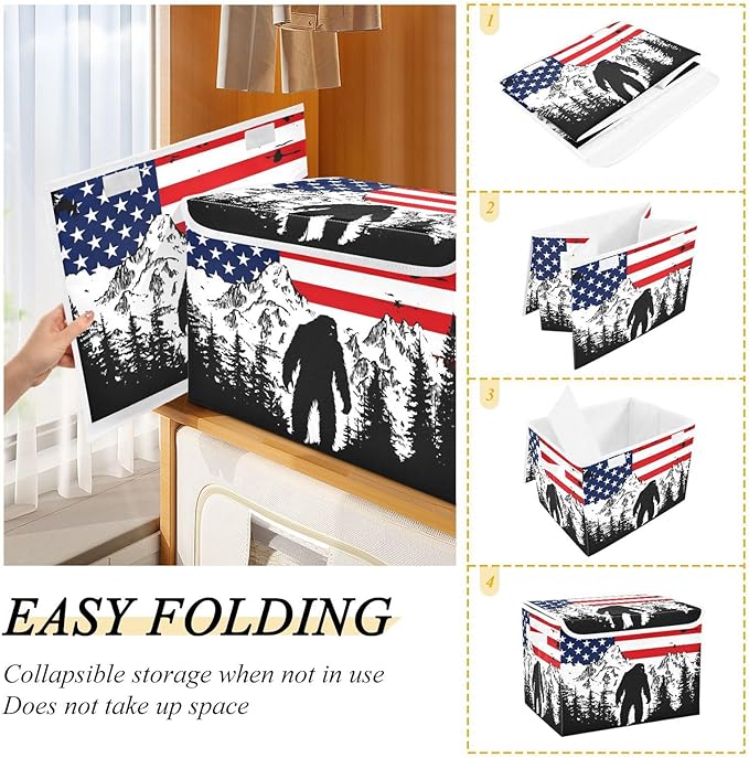 Storage Cube with Lid American Forest Sasquatch Print 16.5×12.6×11.8 IN Collapsible Large Capacity Foldable Storage Basket Bin Organizer