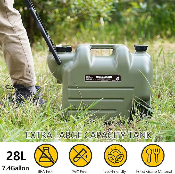 7.4 Gallon (28L) Portable Water Containers with Spigot BPA Free Water Jug Military Green Water Tank Multifunction Water Storage Containers for Camping Outdoor HikingEmergency Stroage