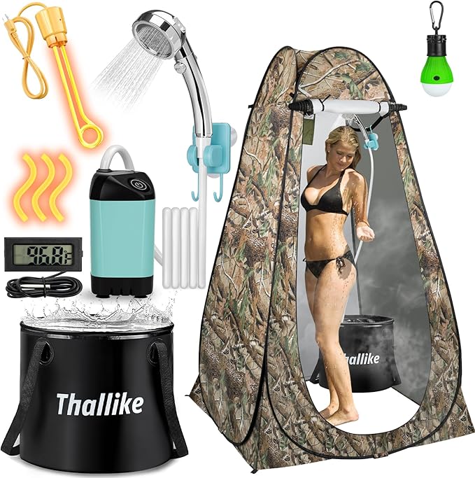 Portable Hot Shower for Camping Shower Tent Kit 1000W Immersion Heater Rechargeable Camping Shower Pump Pop Up Shower Tent with 6.6 Gallons Folding Bucket for Adults Outdoor