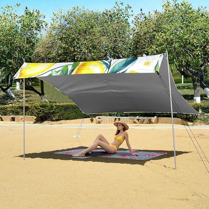Beach Canopy with Windproof Ropes &amp Sandbags Beach Tent Sun Shade Sun Shelter for Camping Trips Fishing Backyard Fun or Picnics Lemon