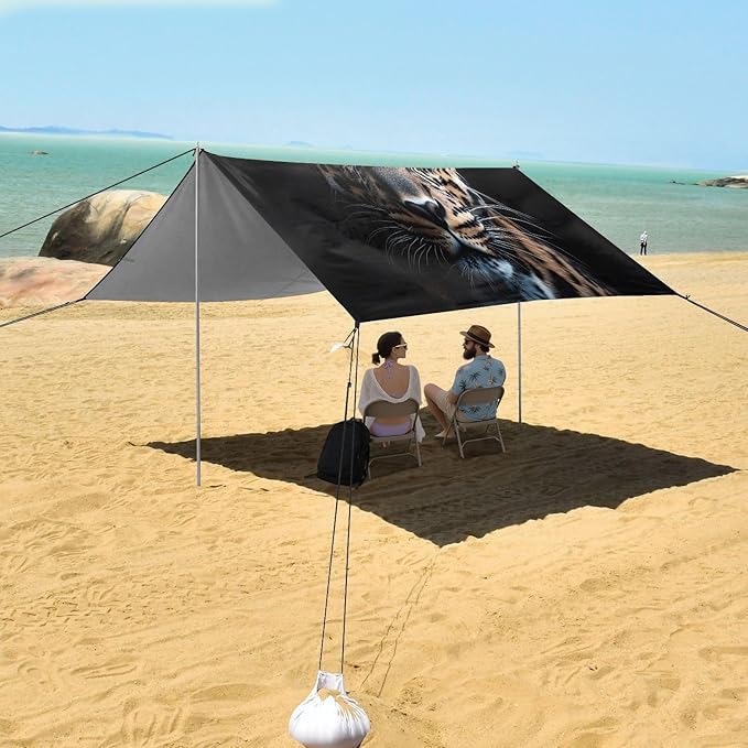 Leopard Portrait Beach Tent Sun Shelter Set UPF50+ UV Protection 10.5 x 9.19 FT Camping Shade Canopy with Sandbags Sand Anchors Carrying Bag and Others