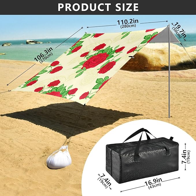 Beach Canopy with Windproof Ropes &amp Sandbags Beach Tent Sun Shade Sun Shelter for Camping Trips Fishing Backyard Fun or Picnics Rose