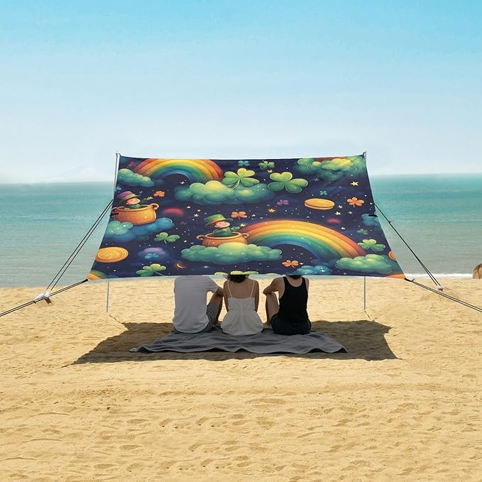 St Patrick's Rainbow Coins Leprechauns Beach Tent Sun Shelter Set UPF50+ UV Protection 10.5 x 9.19 FT Camping Shade Canopy with Sandbags Sand Anchors Carrying Bag and Others