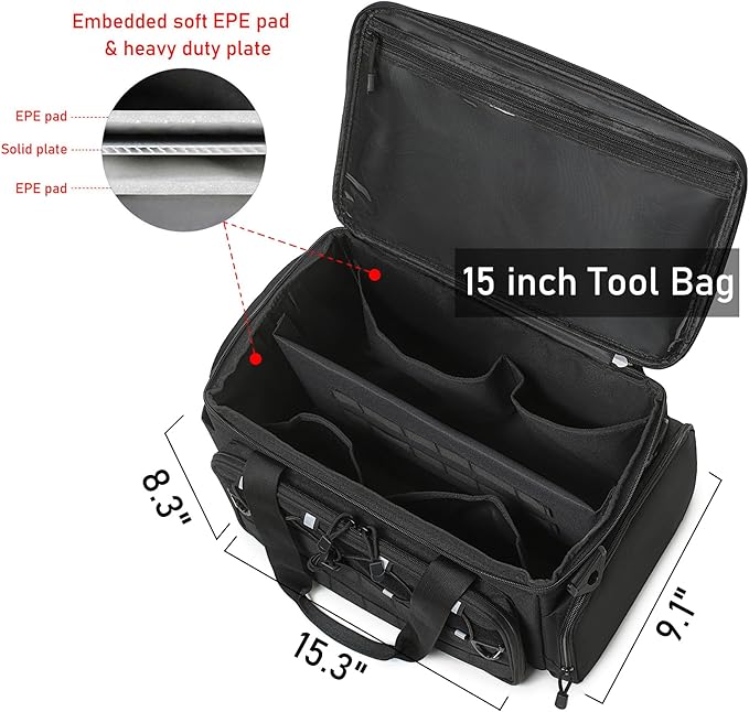 15-Inch Tool Bag Multi-purpose Tool Organizer Bag For Men with Shoulder Strap Tactical Range Bag Work Tote for Repairman Carpenters Handymen (Black)