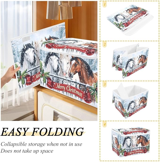 senya Christmas Baskets Collapsible Storage Bins with Lids Horses in The Snow Christmas Storage Boxes Clothes Baskets for Organizing