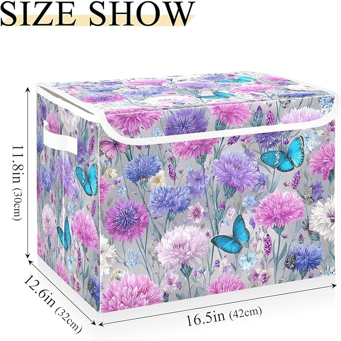 Grey Pink Corflower Butterfly Storage Box with Lid 1 PC Foldable Storage Bin with Lids Stackable Storage Bins Cube Closet Organizer Basket with Flip-Top Lid &amp Handles for Shoes Books Towels