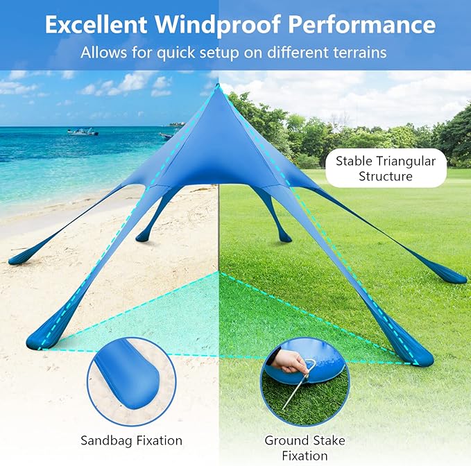 Tangkula Beach Canopy Tent UPF50+ Beach Sun Shade with Sand Shovel 6 Ground Pegs 6 Sandbags Supporting Pole Carry Bag Pop Up Beach Sun Shelter for Camping Fishing Trip