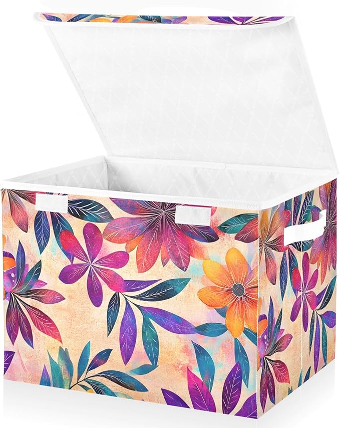Storage Cube with Lid Pattern Floral Print 16.5×12.6×11.8 IN Collapsible Large Capacity Foldable Storage Basket Bin Organizer