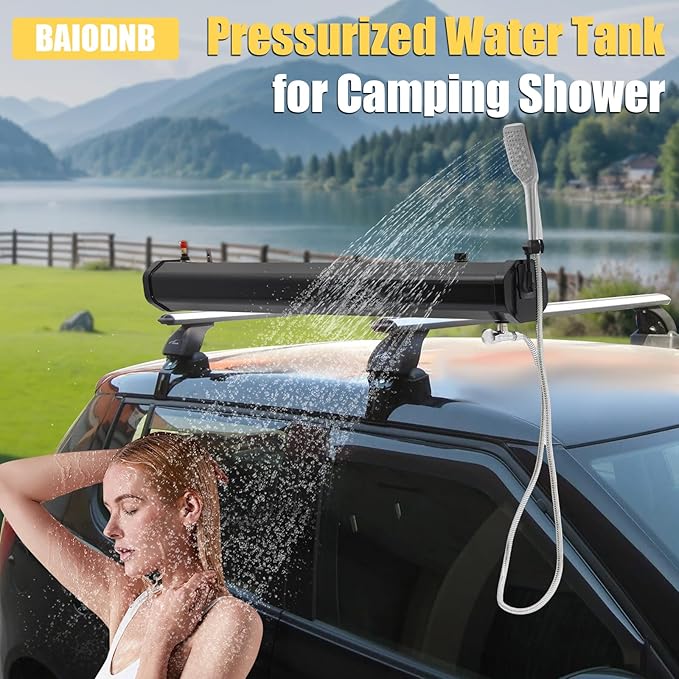 Pressurized Water Tank for Camping ShowerPortable Camping Showerhead Handheld with Storage Bag Roof Rack Shower for Hiking Car wash Pet Cleaning Beach Vacations