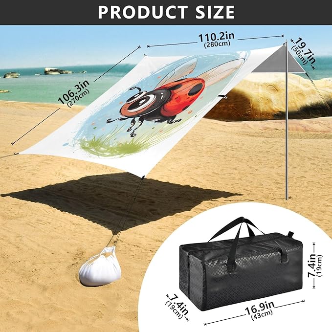 ALAZA Cute Lady Bug Cartoon Beach Tent Sun Shelter UPF50+ Protection Beach Shade Canopy w/ 4 Sandbags for Outdoor Camping Fishing Backyard Fun Picnic 10x9 ft